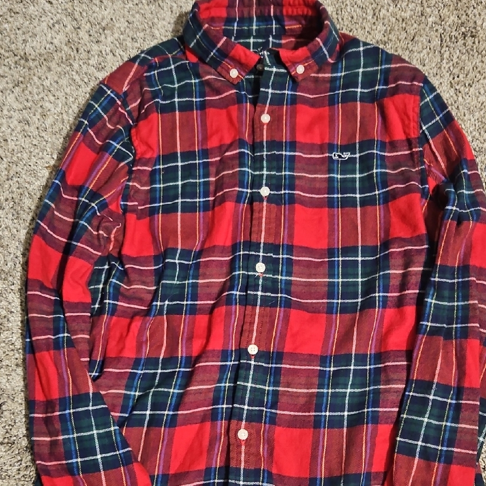 Vineyard Vines Red and Blue Plaid Boys Large Button Down Shirt